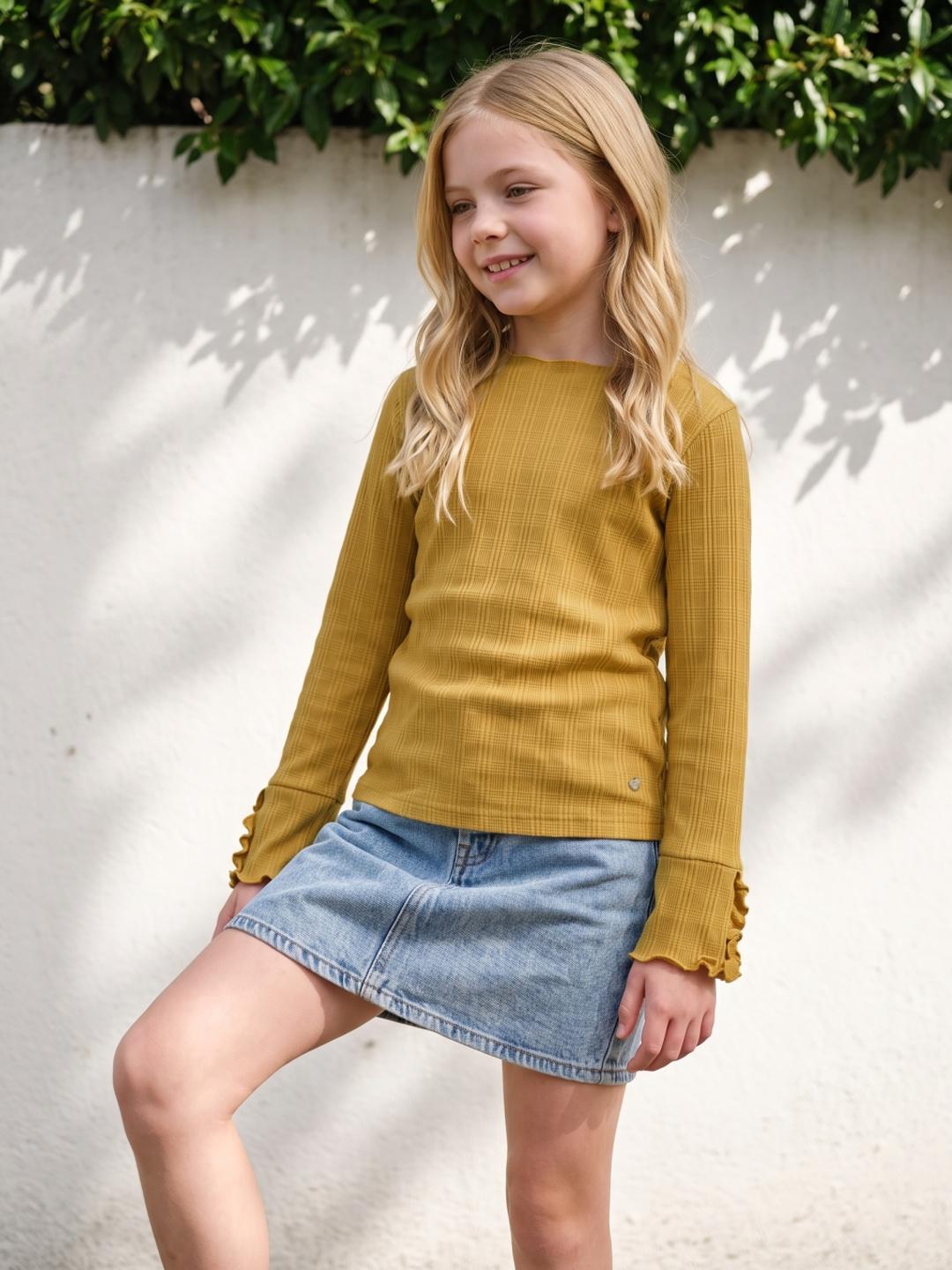 Blue Giraffe Girls Yellow Textured Regular Fit Cotton T-Shirt