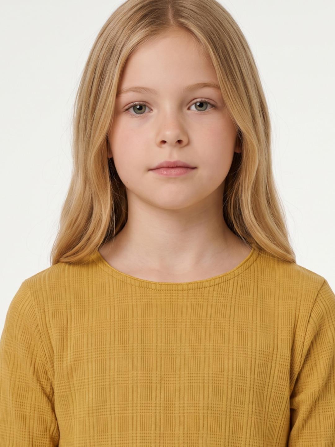 Blue Giraffe Girls Yellow Textured Regular Fit Cotton T-Shirt