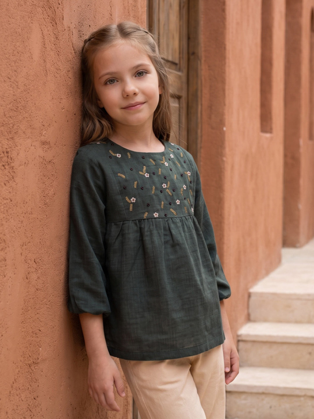 Blue Giraffe Girls Green Embroidered Cotton Flared Top