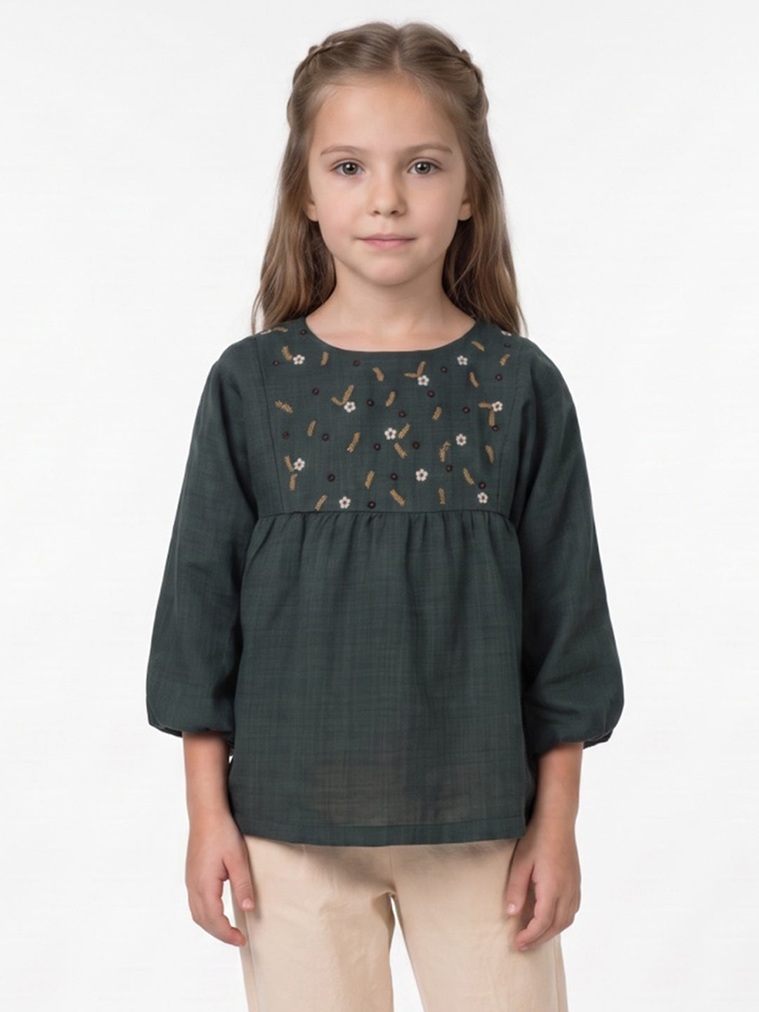 Blue Giraffe Girls Green Embroidered Cotton Flared Top