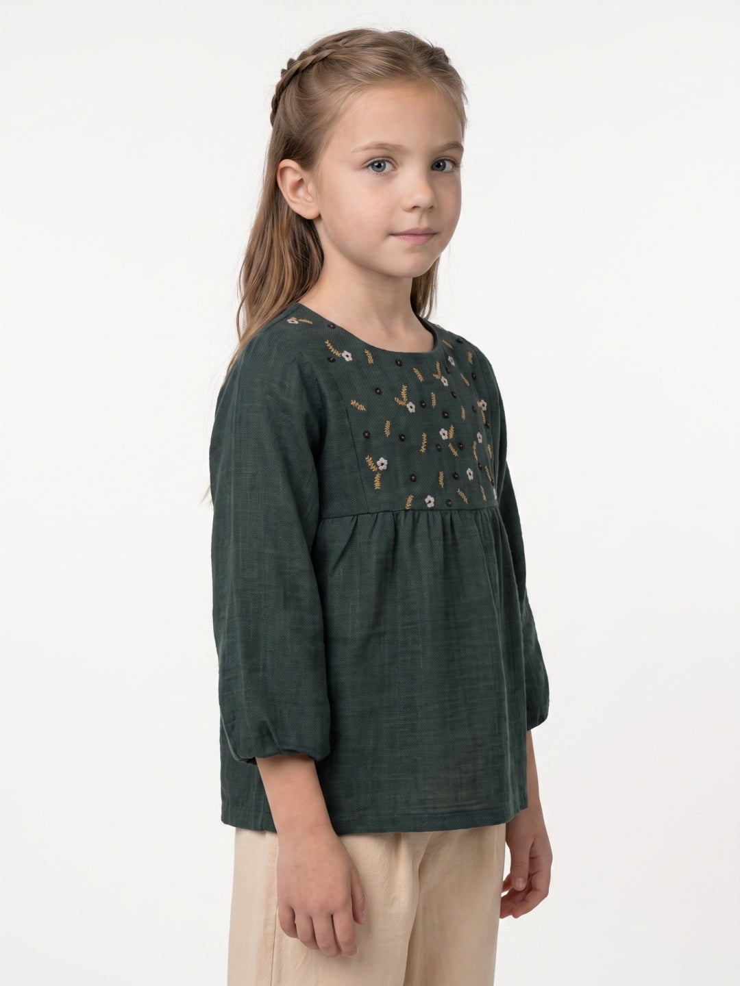 Blue Giraffe Girls Green Embroidered Cotton Flared Top