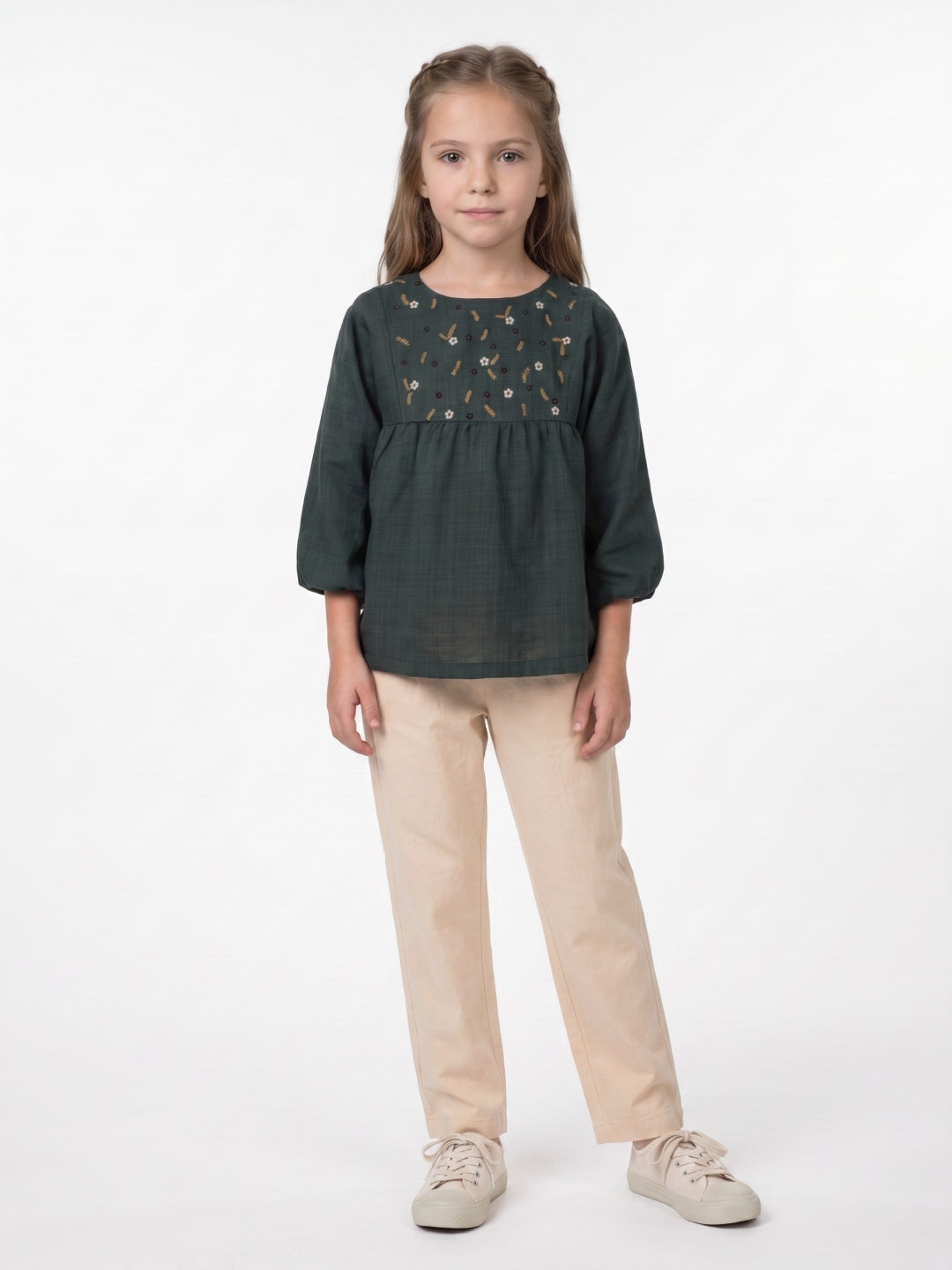 Blue Giraffe Girls Green Embroidered Cotton Flared Top