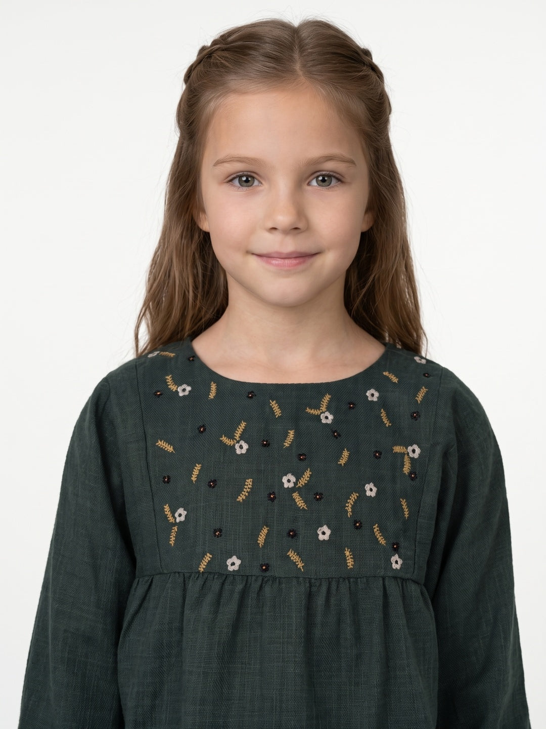 Blue Giraffe Girls Green Embroidered Cotton Flared Top