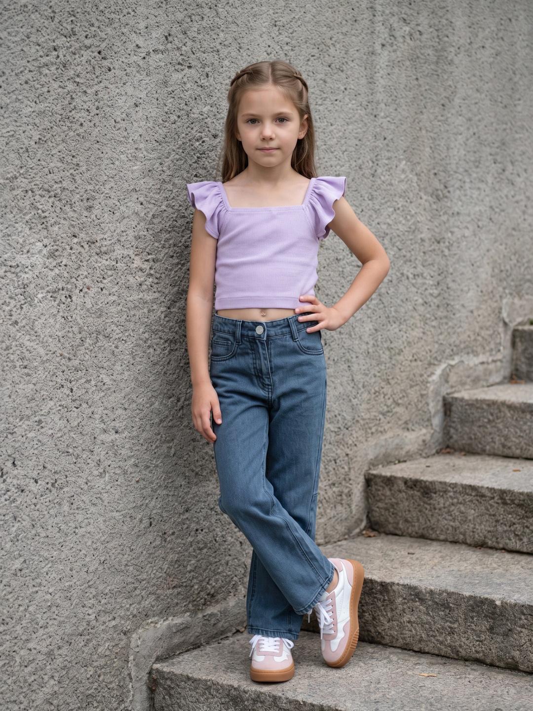 Blue Giraffe Girls Blue Barrel Fit Solid Jeans