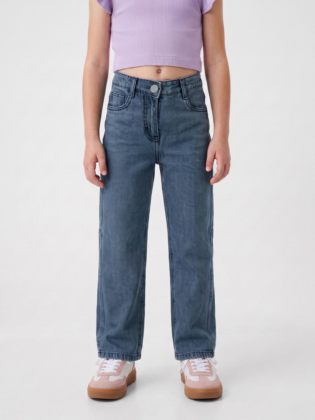 Blue Giraffe Girls Blue Barrel Fit Solid Jeans