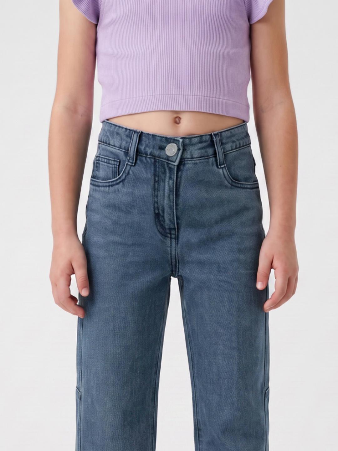 Blue Giraffe Girls Blue Barrel Fit Solid Jeans