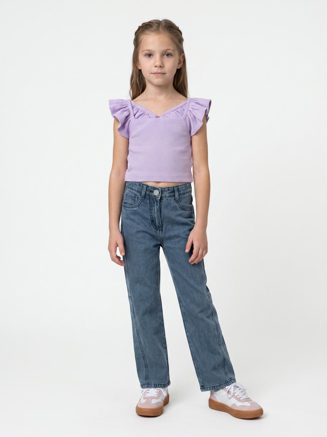 Blue Giraffe Girls Blue Barrel Fit Solid Jeans
