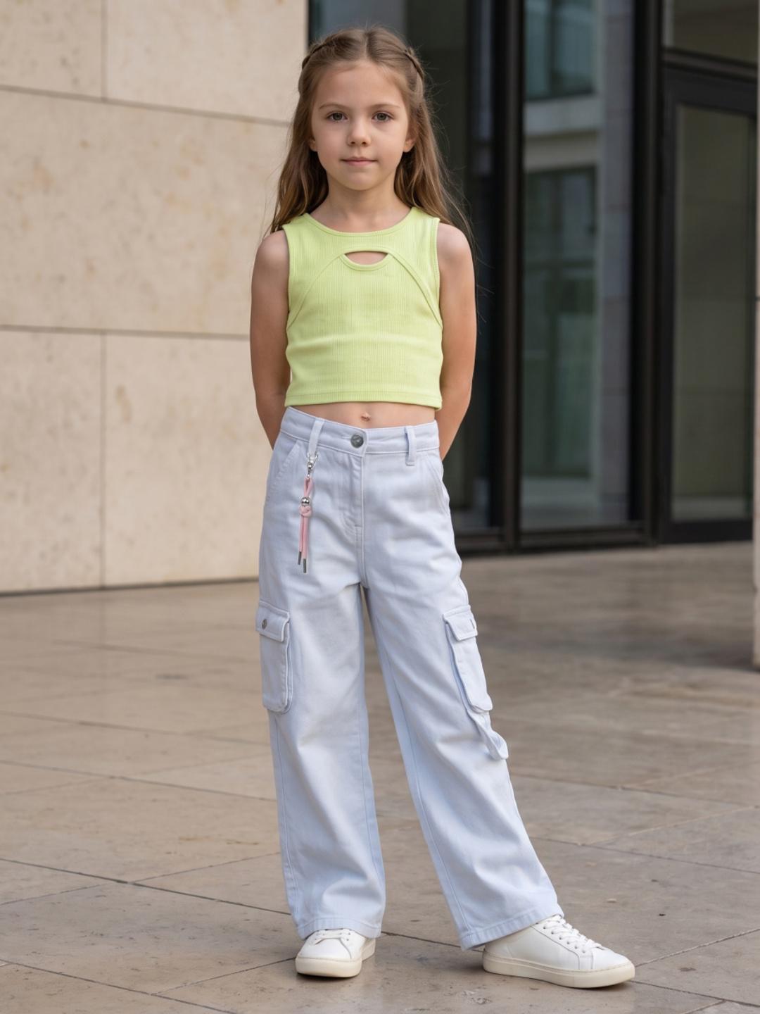Blue Giraffe Girls Light Blue Straight Cargo Fit Jeans