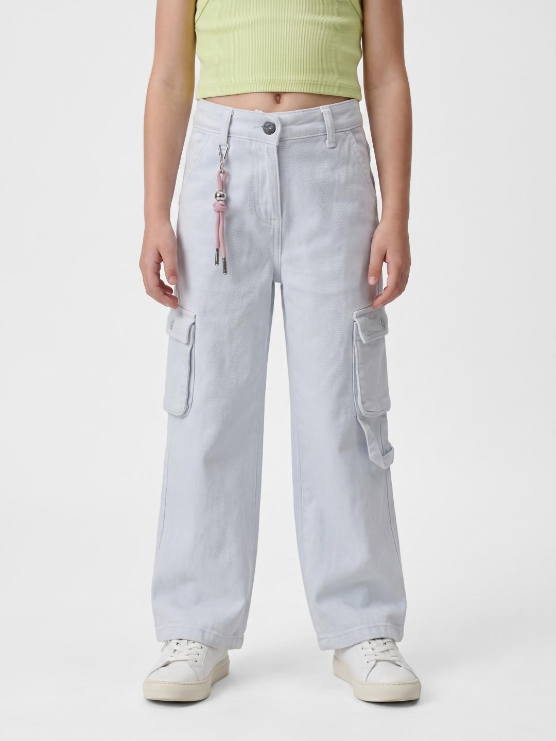 Blue Giraffe Girls Light Blue Straight Cargo Fit Jeans