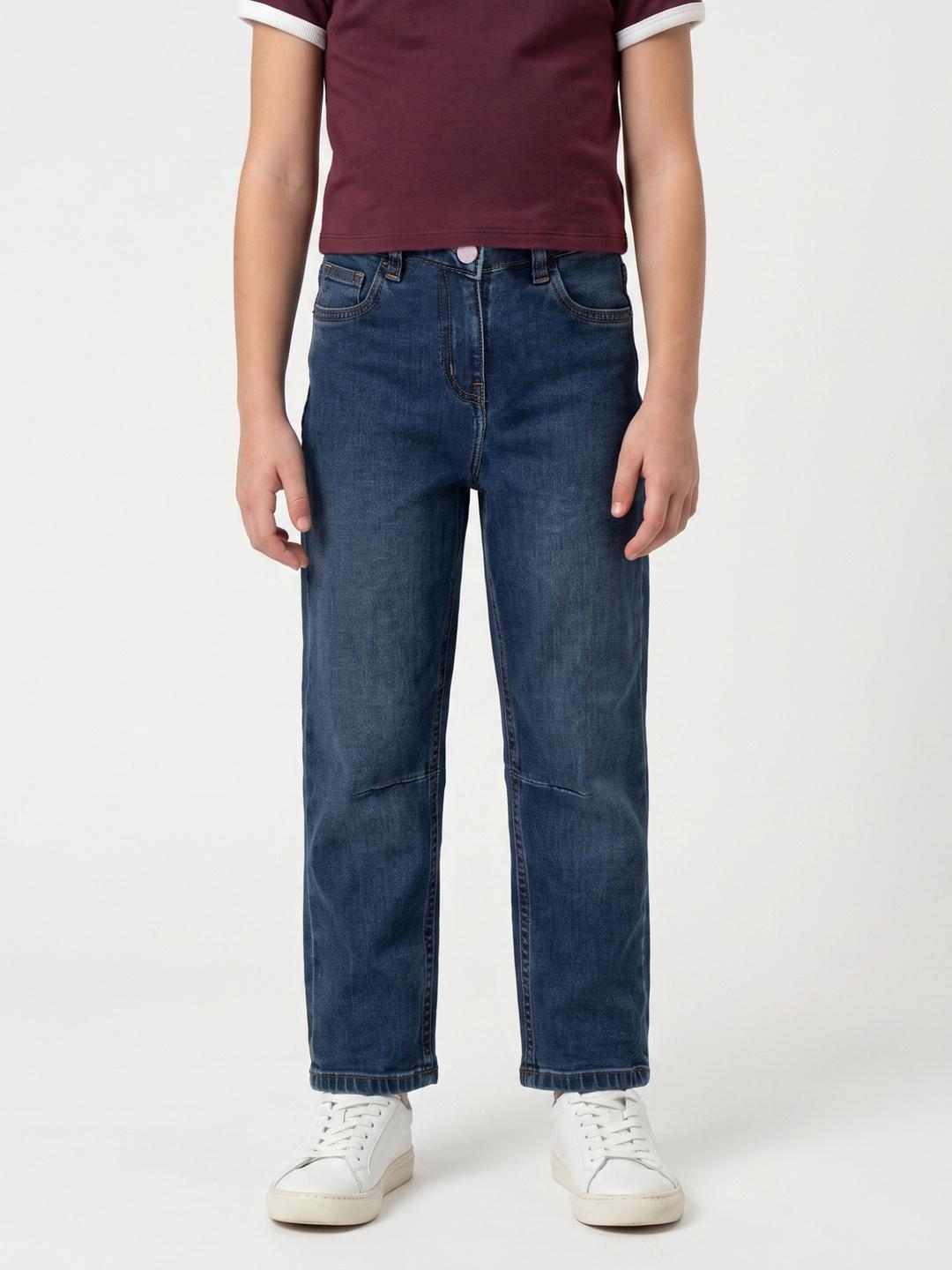 Blue Giraffe Girls Blue Barrel Fit Solid Jeans