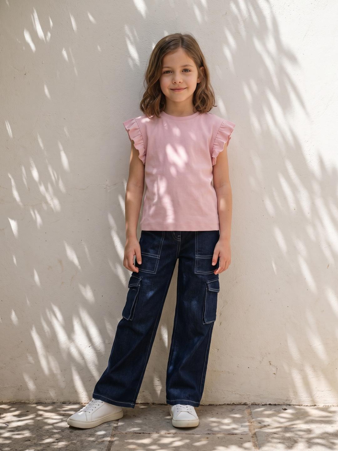 Blue Giraffe Girls Blue Straight Cargo Fit Solid Jeans