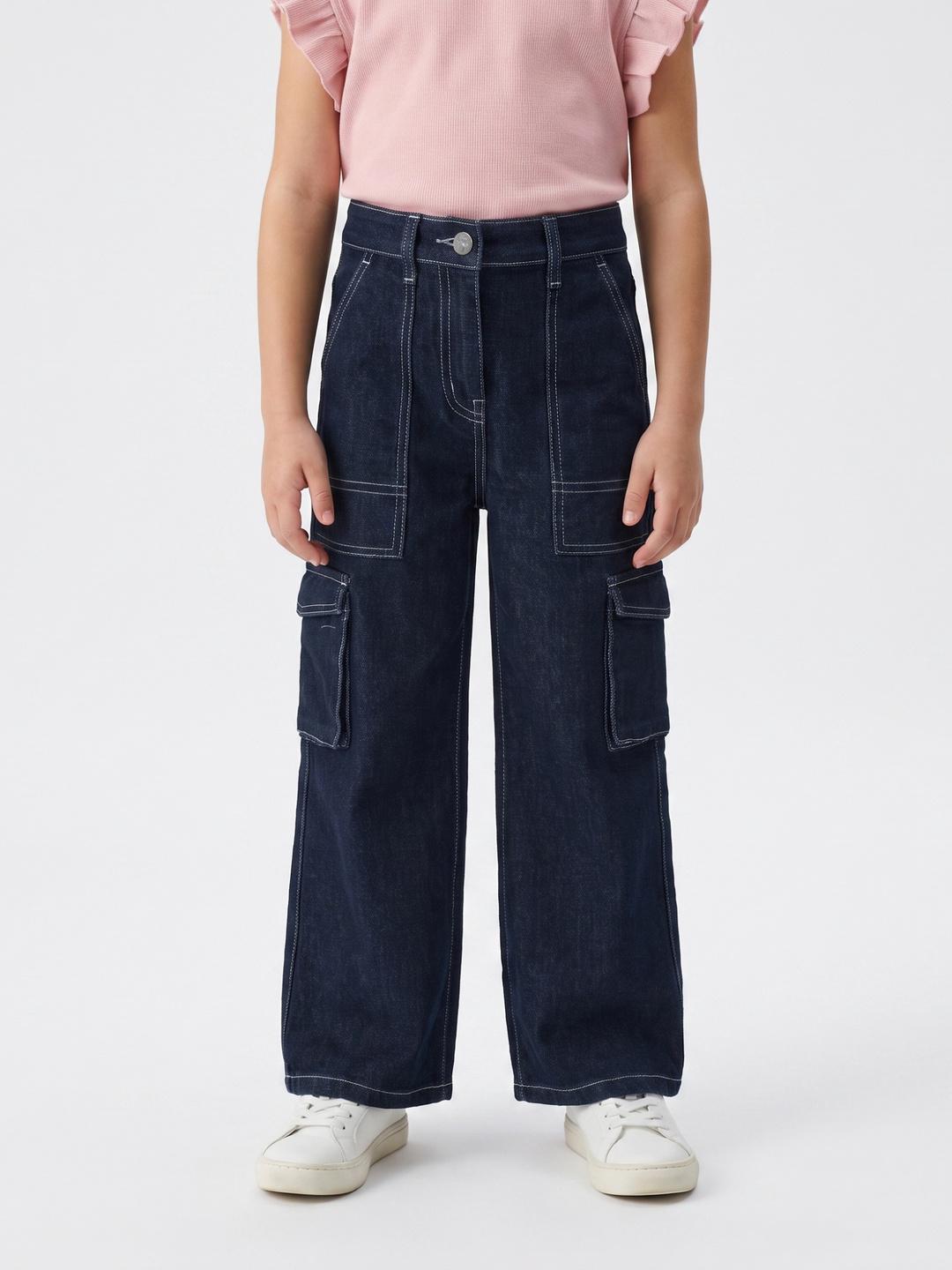 Blue Giraffe Girls Blue Straight Cargo Fit Solid Jeans