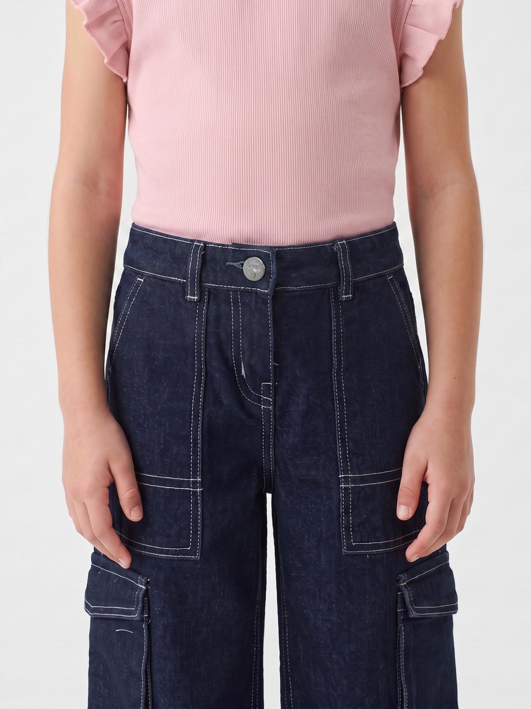 Blue Giraffe Girls Blue Straight Cargo Fit Solid Jeans
