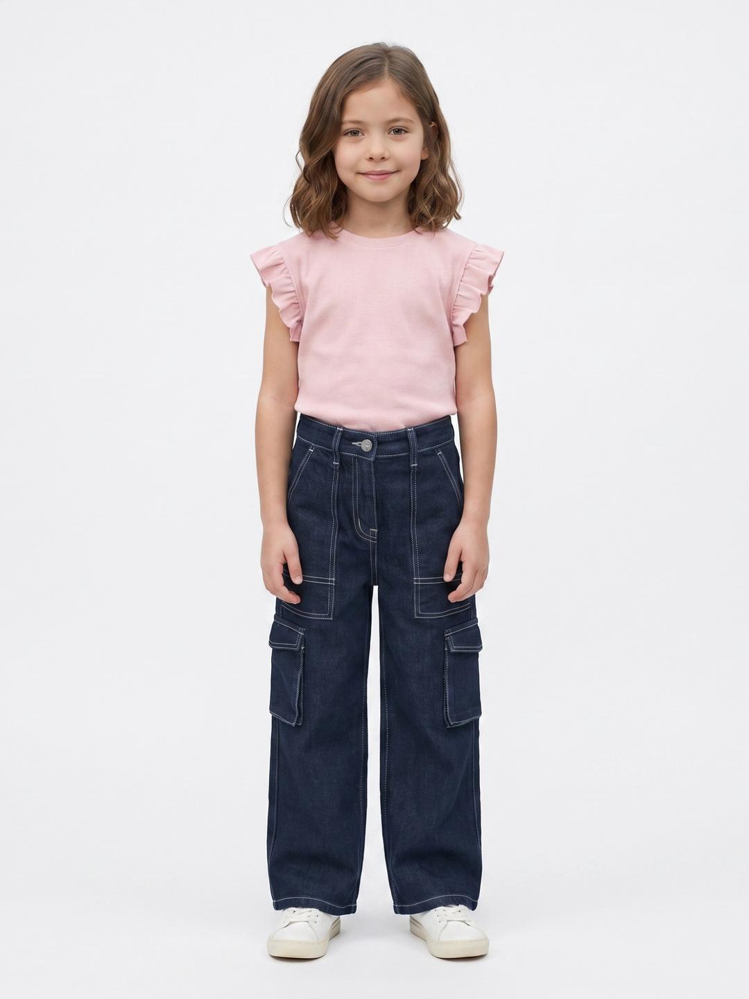 Blue Giraffe Girls Blue Straight Cargo Fit Solid Jeans