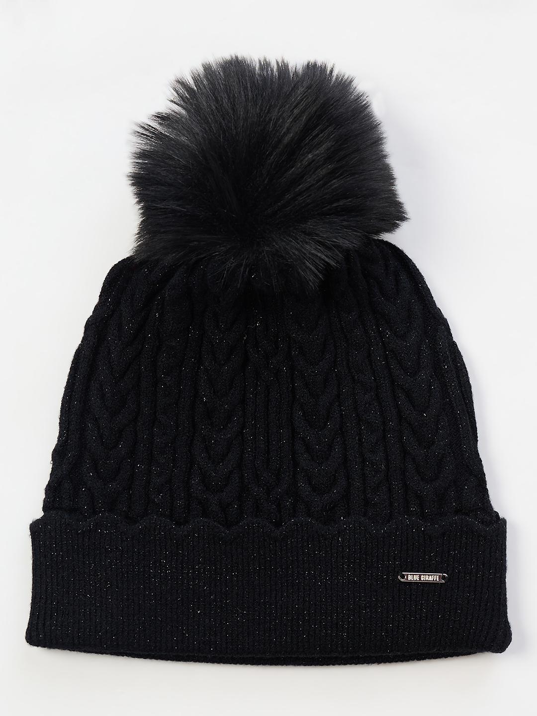 Blue Giraffe Girls Black Solid Stretchable Beanies