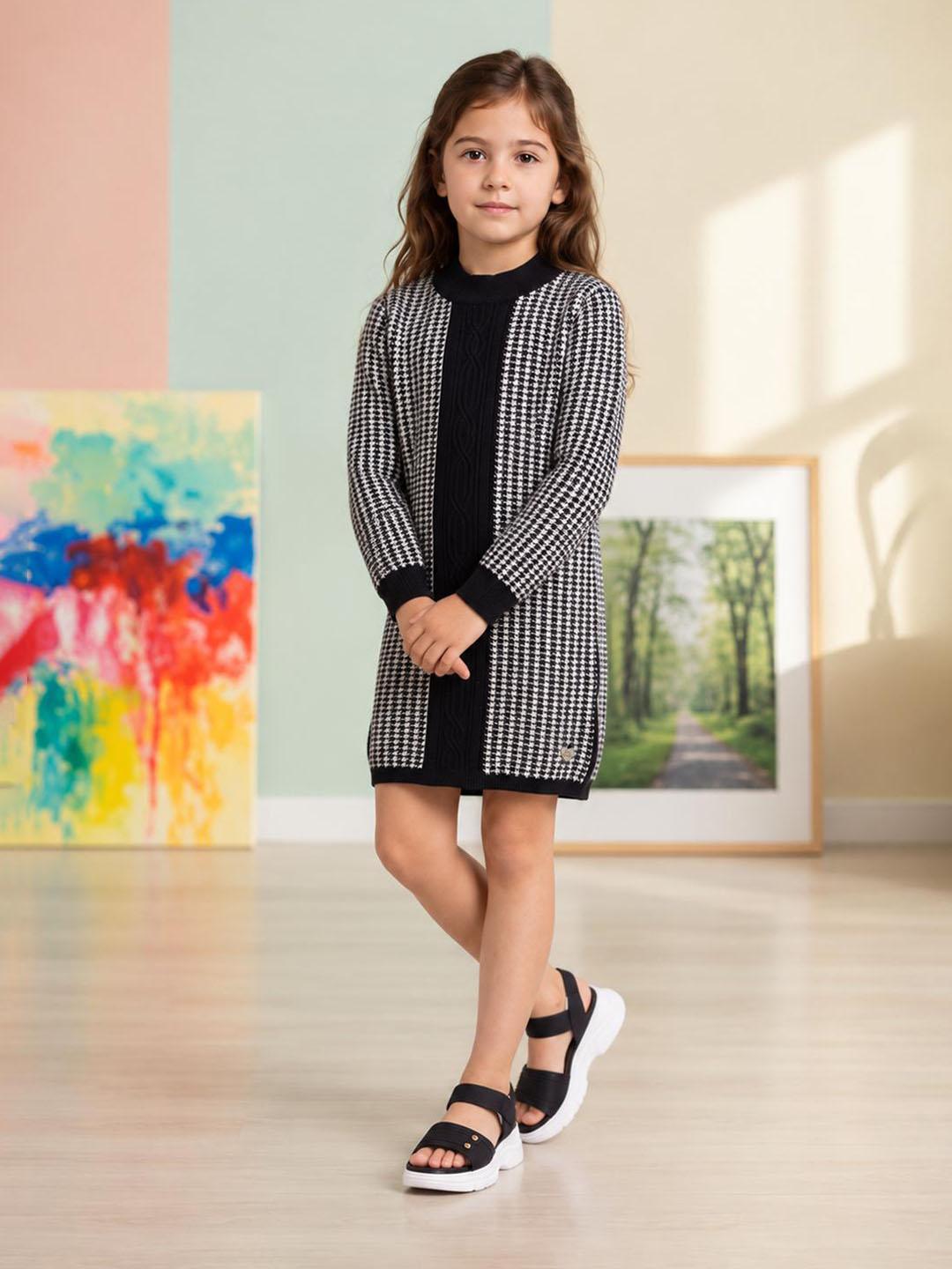 Blue Giraffe Girls Black Houndstooth Straight Fit Stretchable Dress