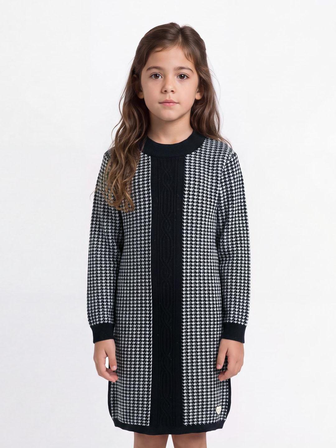 Blue Giraffe Girls Black Houndstooth Straight Fit Stretchable Dress