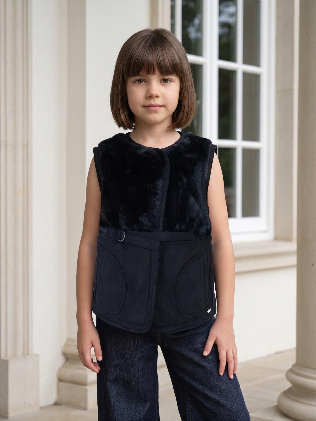 Blue Giraffe Girls Black Regular Fit Solid Jacket