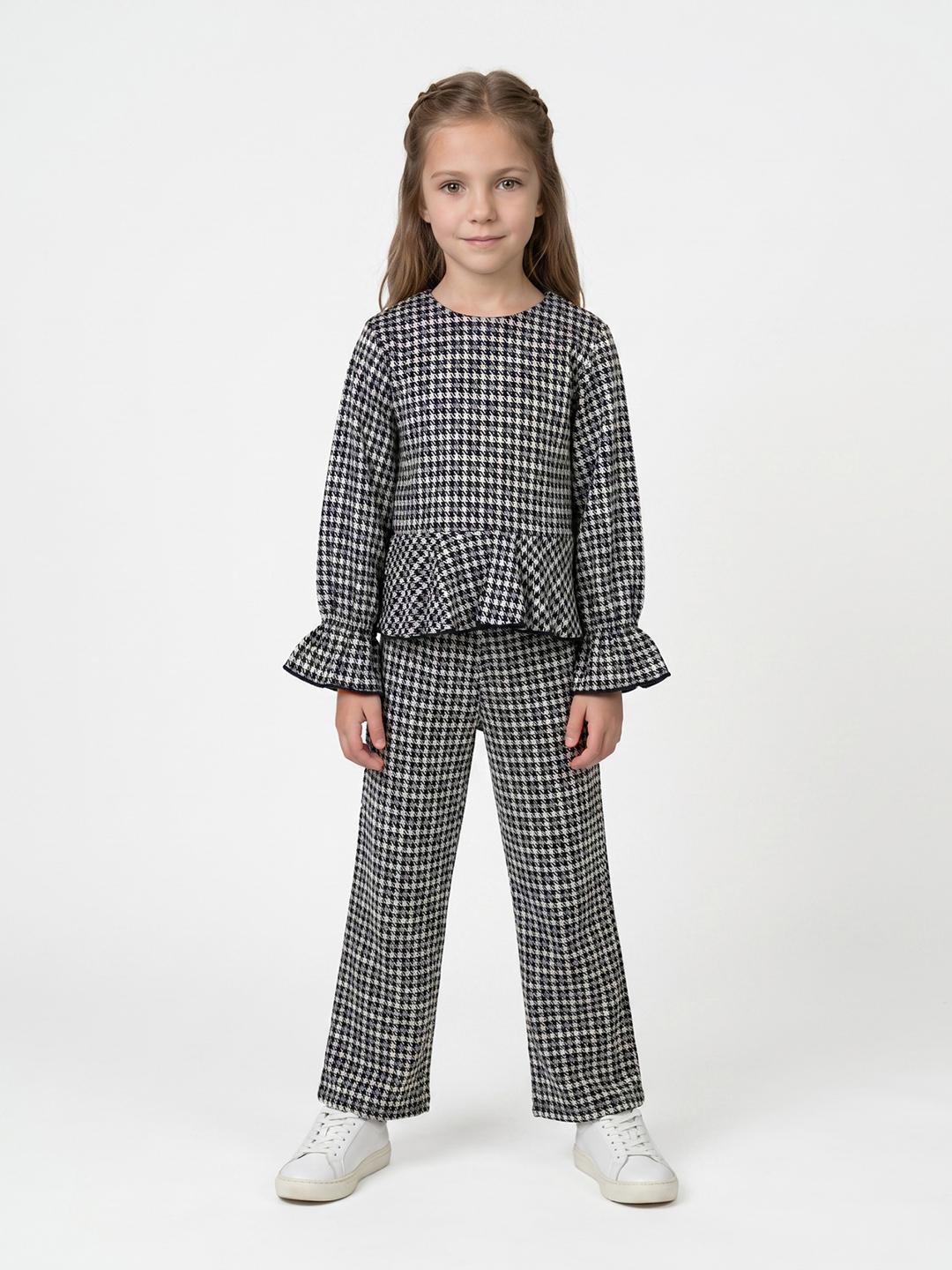 Blue Giraffe Girls Black Regular Fit Houndstooth Peplum Top