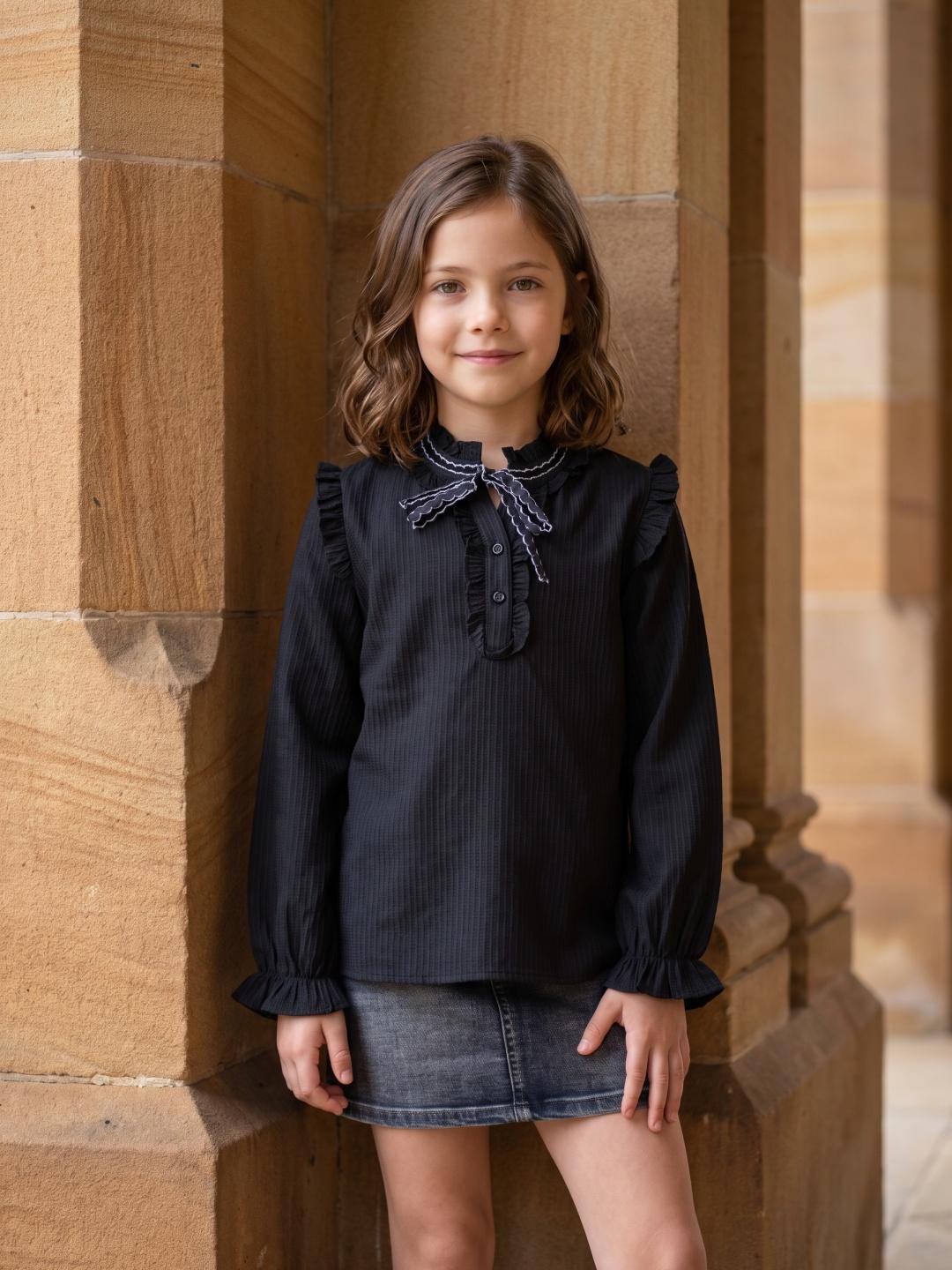 Blue Giraffe Girls Black Striped Regular Fit Cotton Top