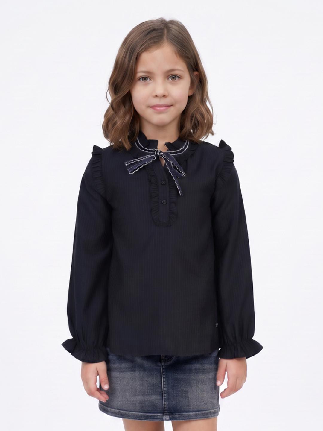 Blue Giraffe Girls Black Striped Regular Fit Cotton Top