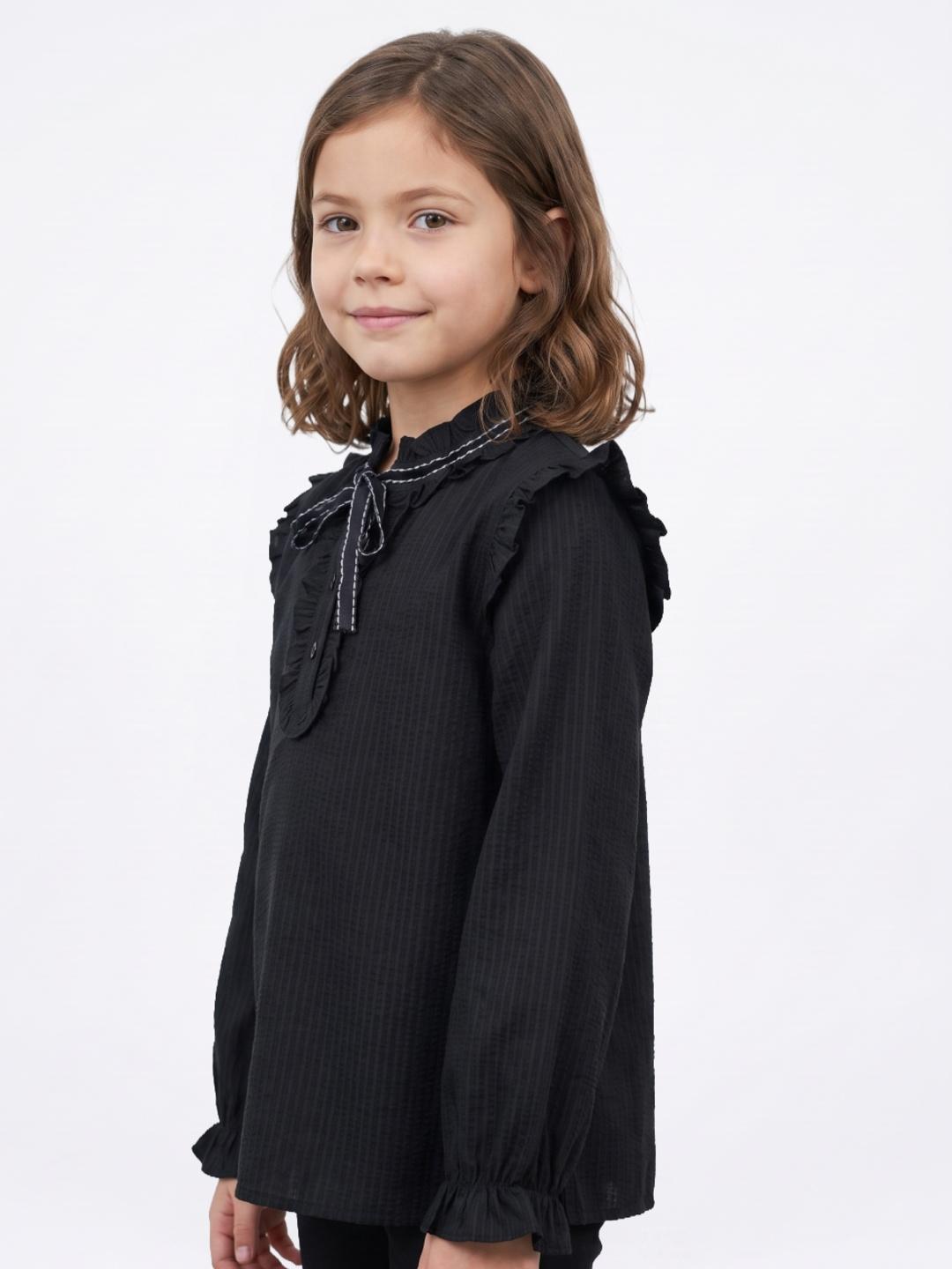 Blue Giraffe Girls Black Striped Regular Fit Cotton Top