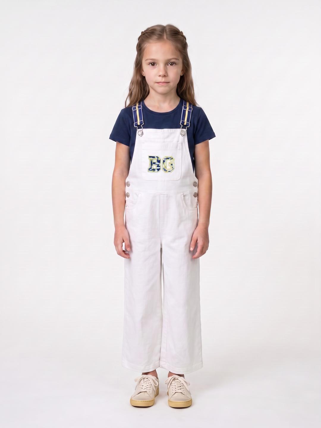 Blue Giraffe Girls Regular Fit White Solid Cotton Jumpsuit