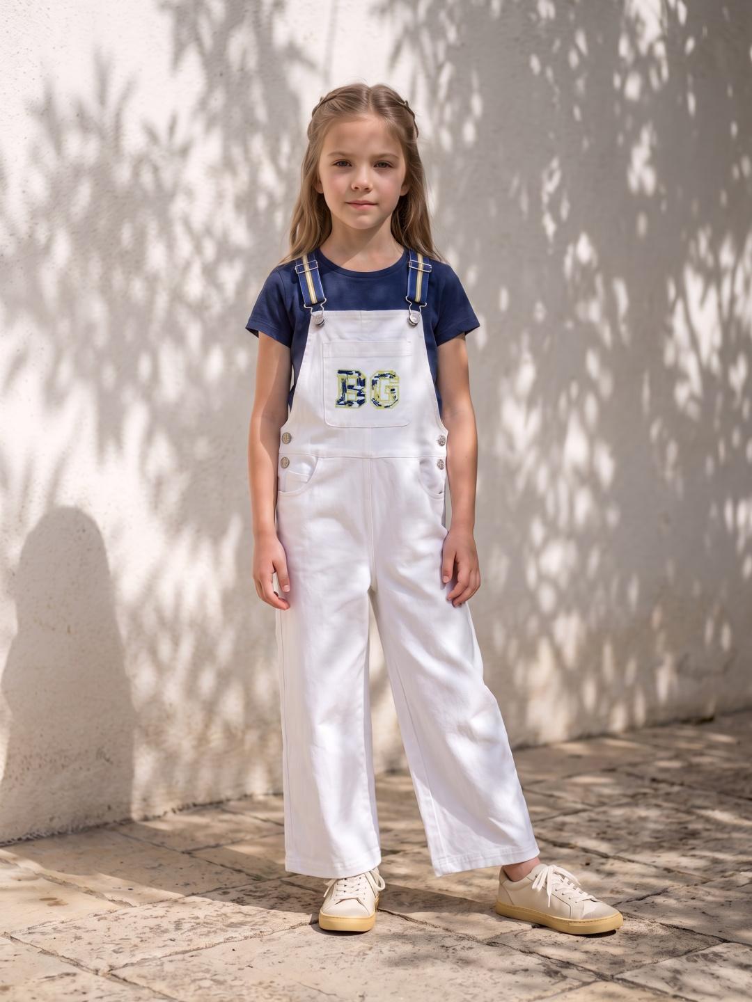 Blue Giraffe Girls Regular Fit White Solid Cotton Jumpsuit