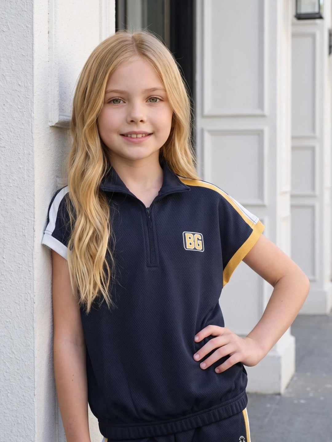 Blue Giraffe Girls Dark Blue Solid Boxy Fit Polo T-Shirt