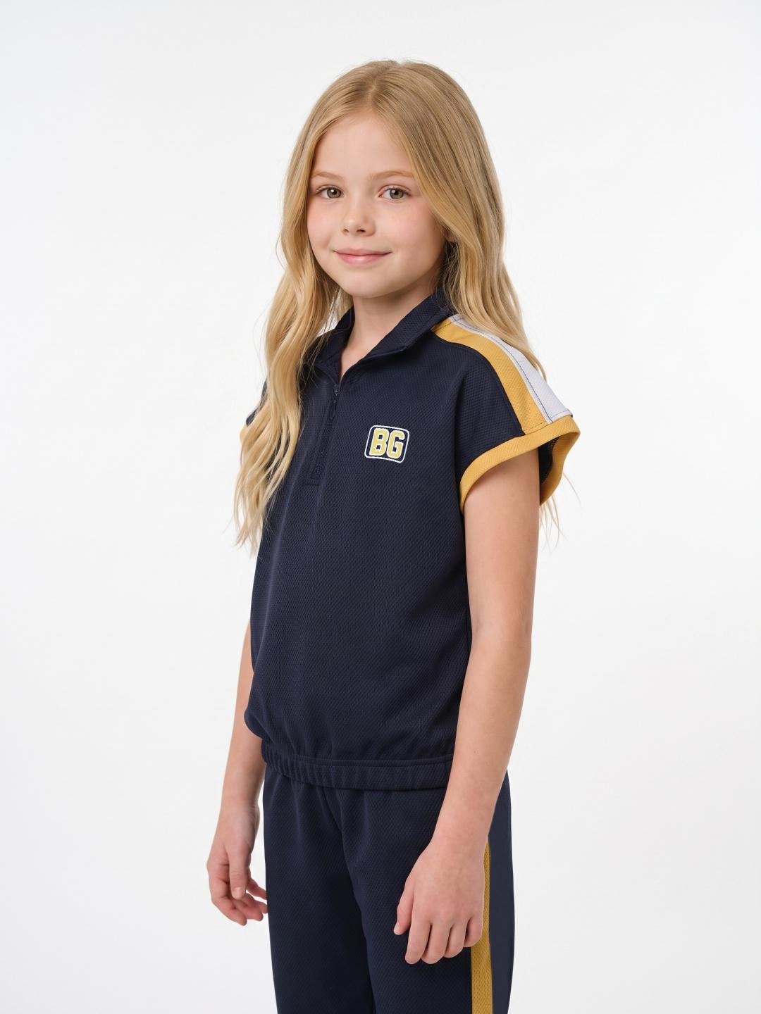 Blue Giraffe Girls Dark Blue Solid Boxy Fit Polo T-Shirt