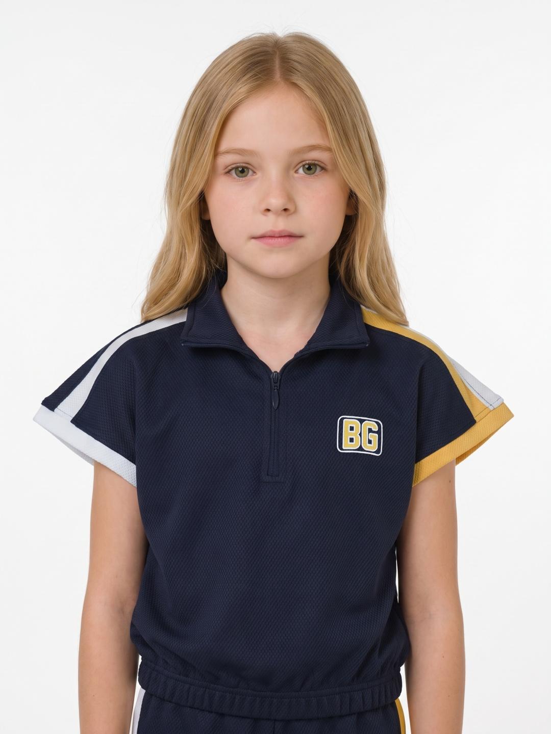 Blue Giraffe Girls Dark Blue Solid Boxy Fit Polo T-Shirt