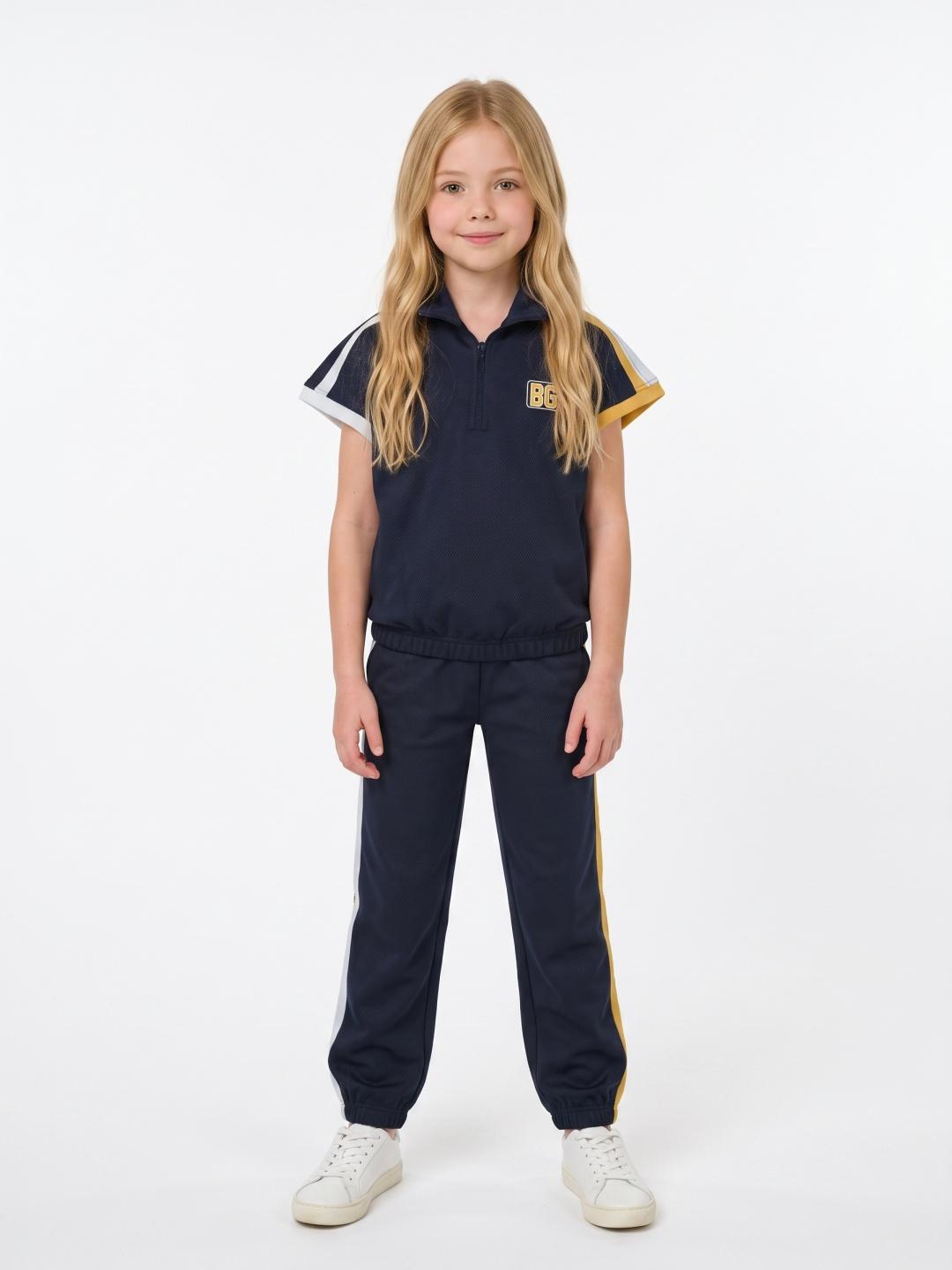 Blue Giraffe Girls Dark Blue Solid Boxy Fit Polo T-Shirt