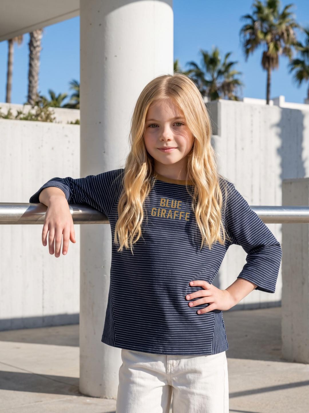 Blue Giraffe Girls Navy Blue Striped Regular Fit Cotton T-Shirt