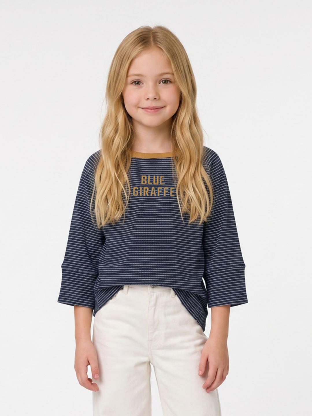 Blue Giraffe Girls Navy Blue Striped Regular Fit Cotton T-Shirt