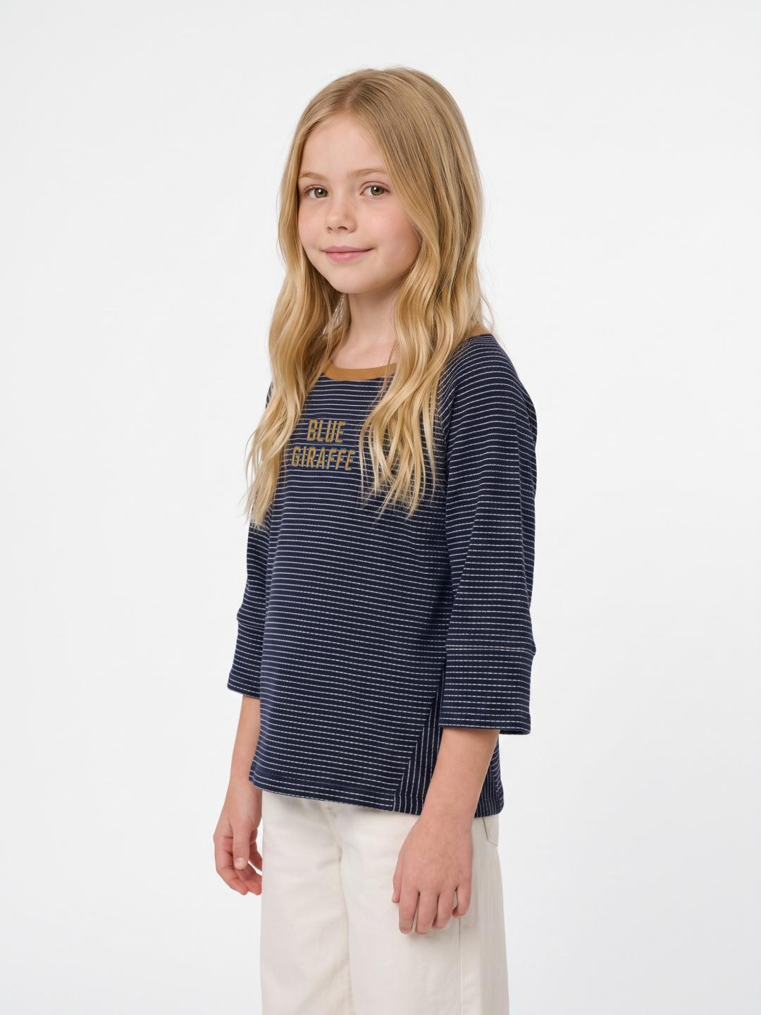 Blue Giraffe Girls Navy Blue Striped Regular Fit Cotton T-Shirt