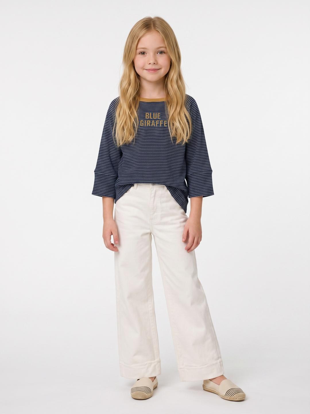 Blue Giraffe Girls Navy Blue Striped Regular Fit Cotton T-Shirt