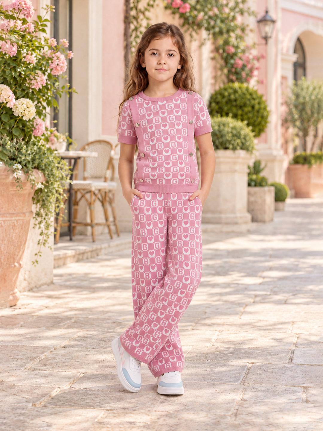 Blue Giraffe Girls Pink Jacquard Cotton Straight Fit Trouser