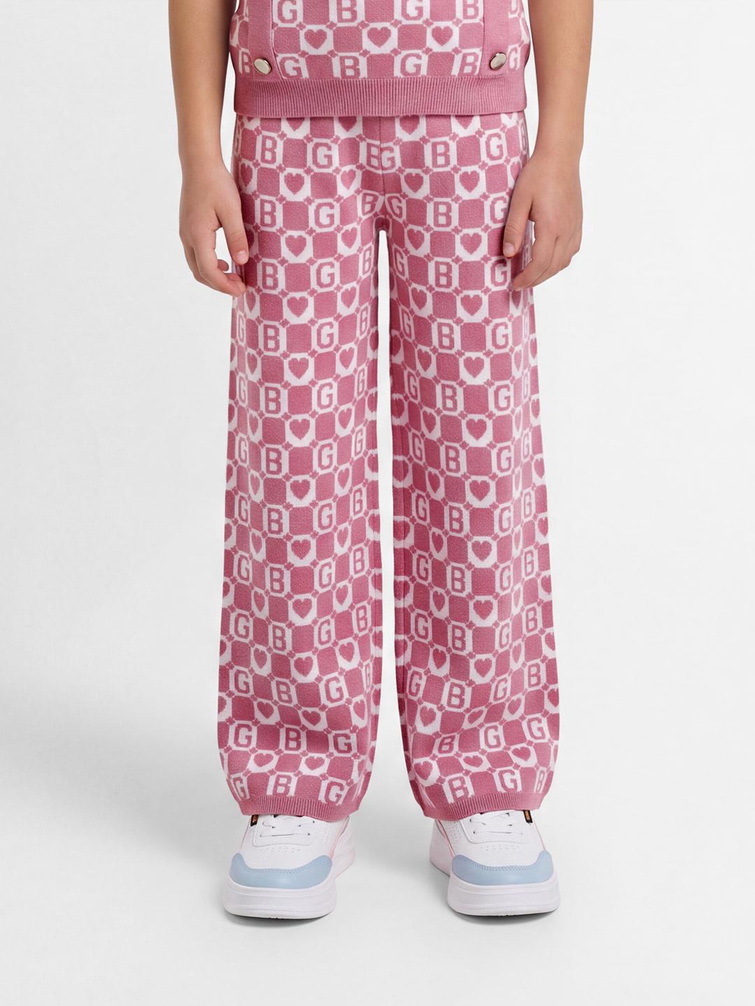 Blue Giraffe Girls Pink Jacquard Cotton Straight Fit Trouser