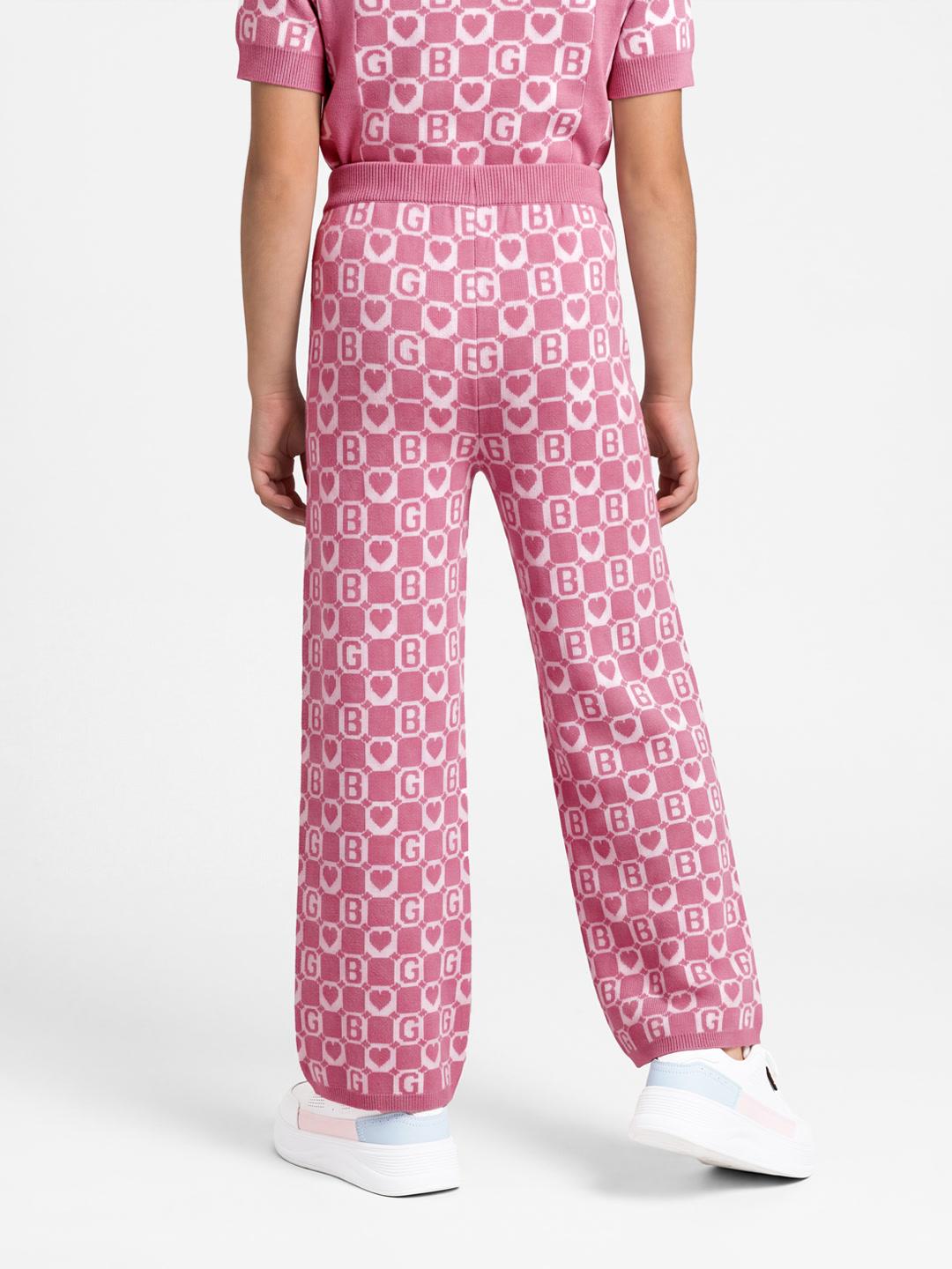 Blue Giraffe Girls Pink Jacquard Cotton Straight Fit Trouser