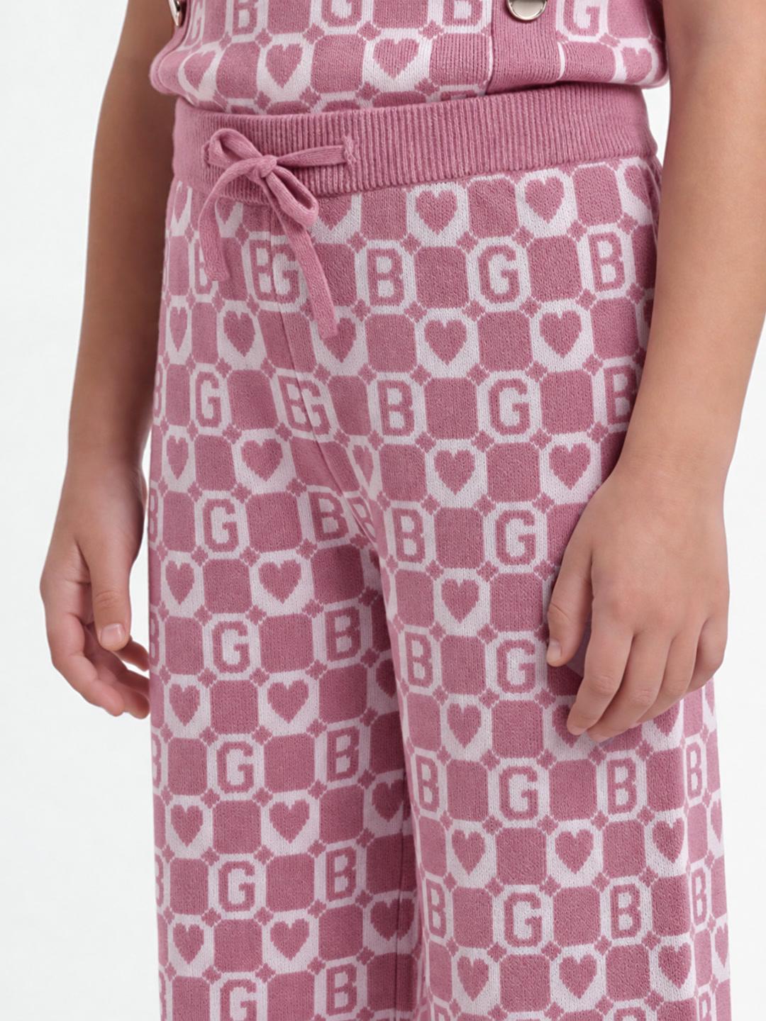 Blue Giraffe Girls Pink Jacquard Cotton Straight Fit Trouser