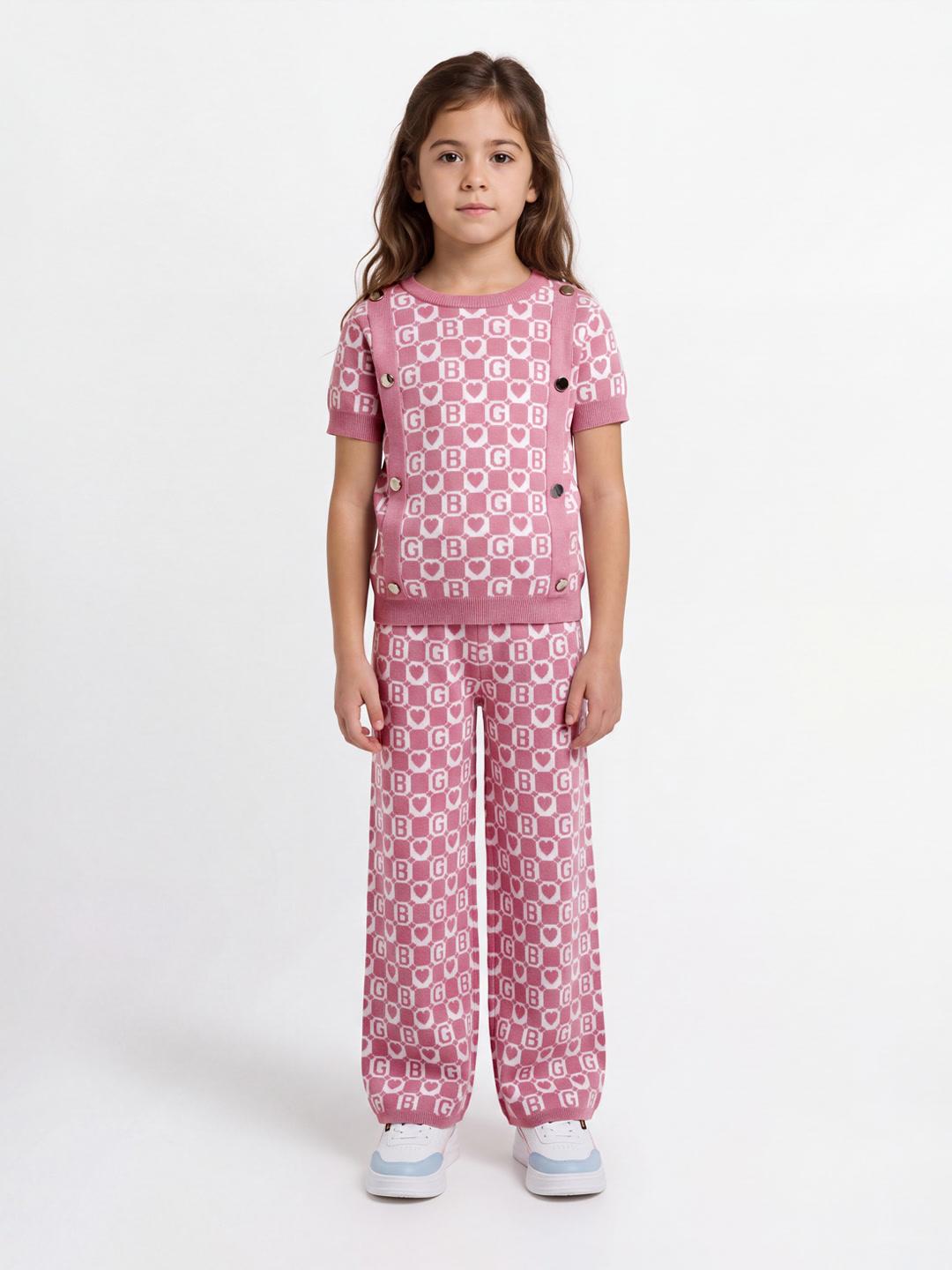 Blue Giraffe Girls Pink Jacquard Cotton Straight Fit Trouser