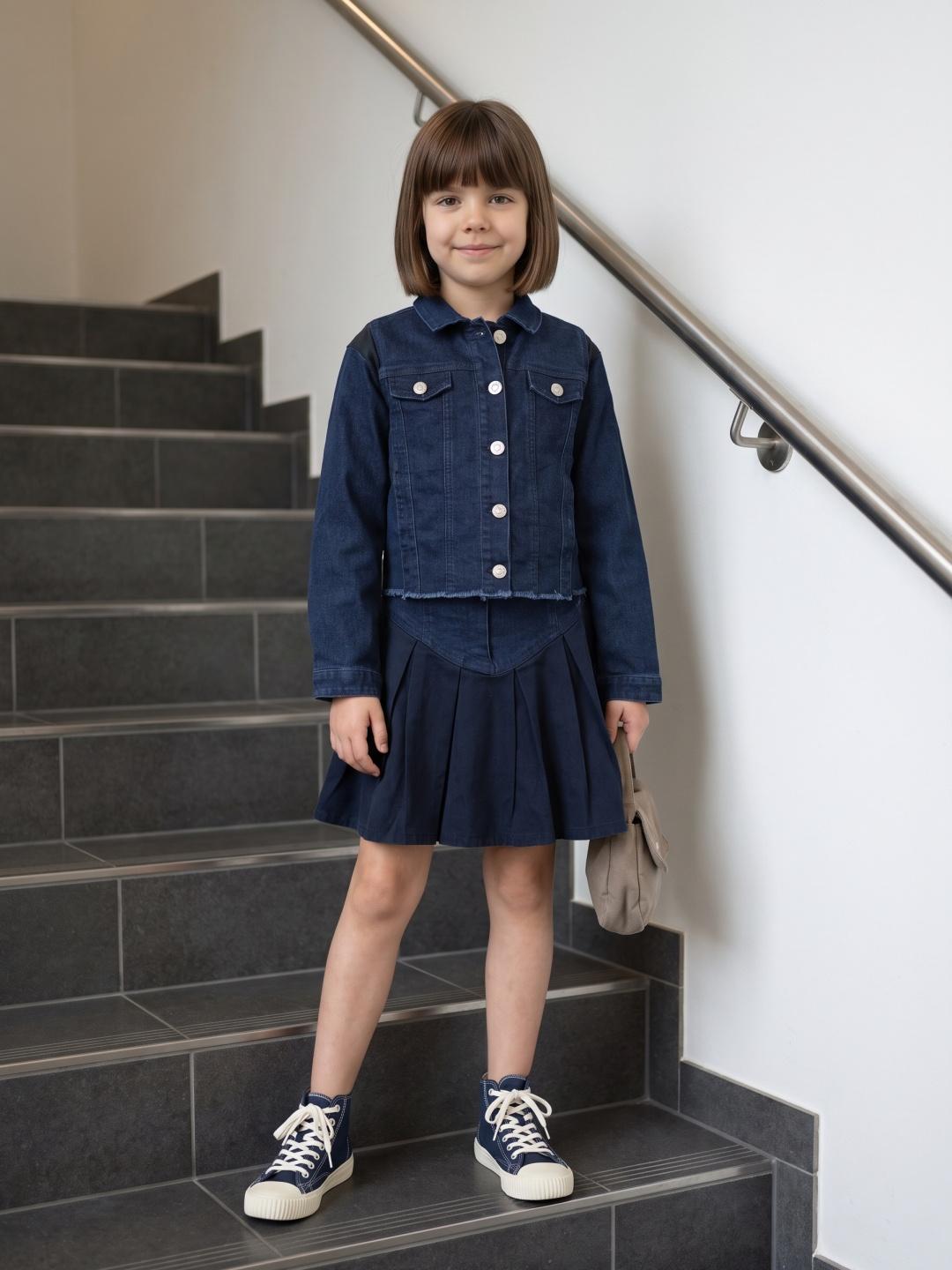 Blue Giraffe Girls Blue Regular Fit Box Pleated Solid Skirt
