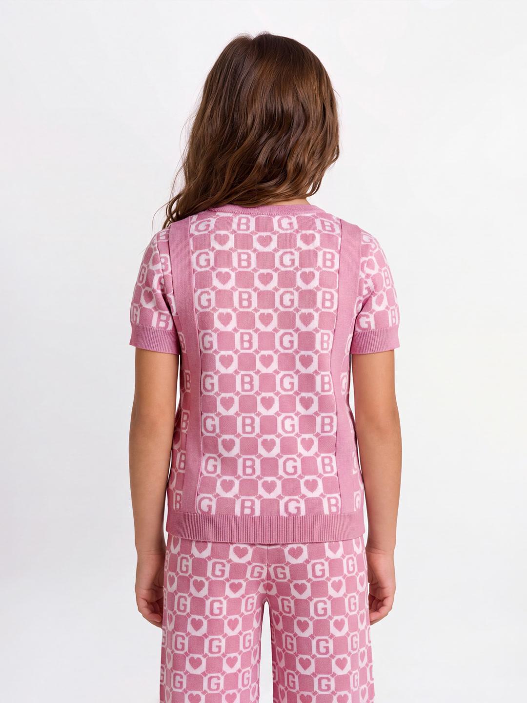 Blue Giraffe Girls Pink Jacquard Cotton Regular Fit Sweater