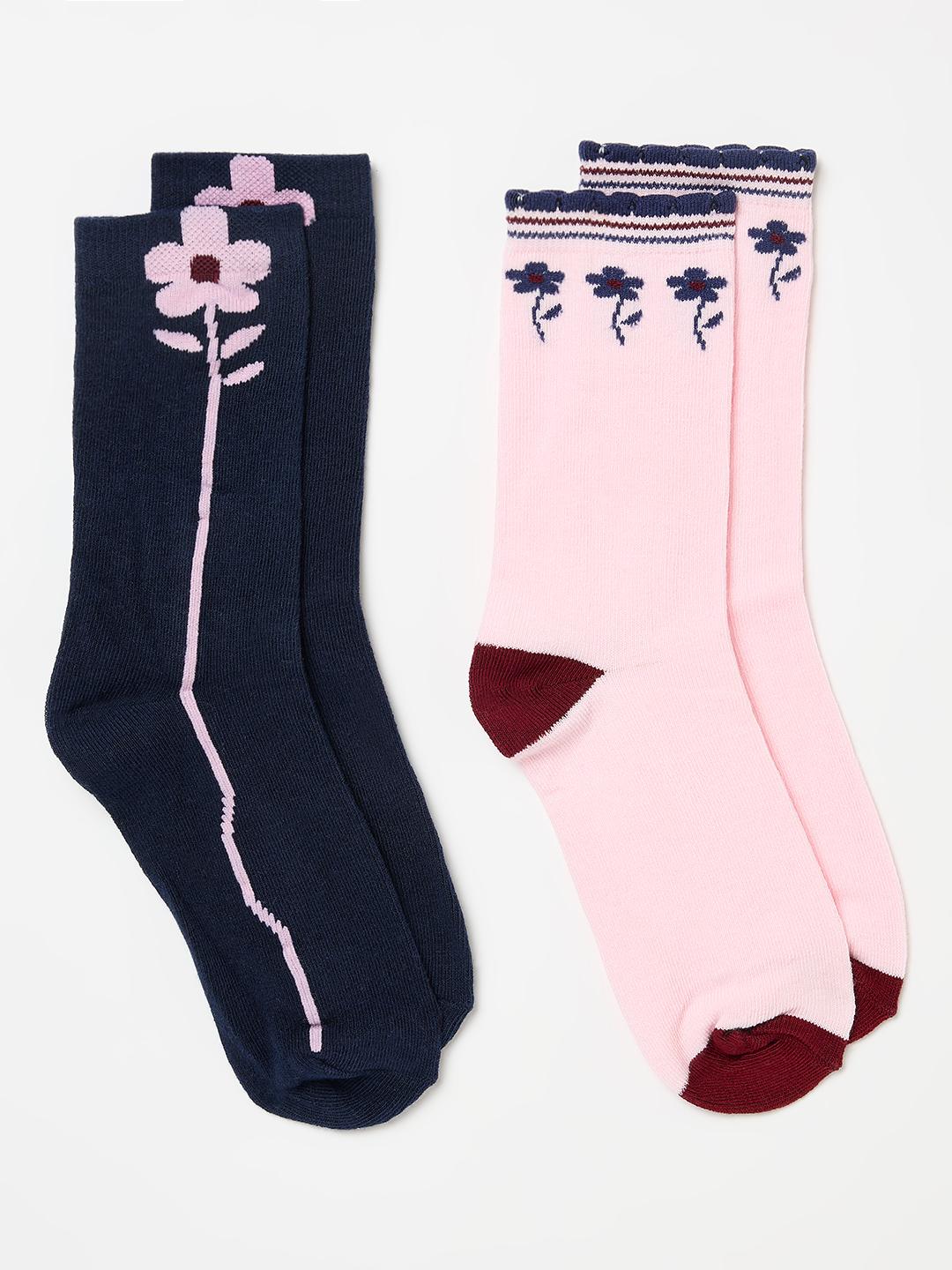Blue Giraffe Girls Multicolour Floral Socks - Pack of 2