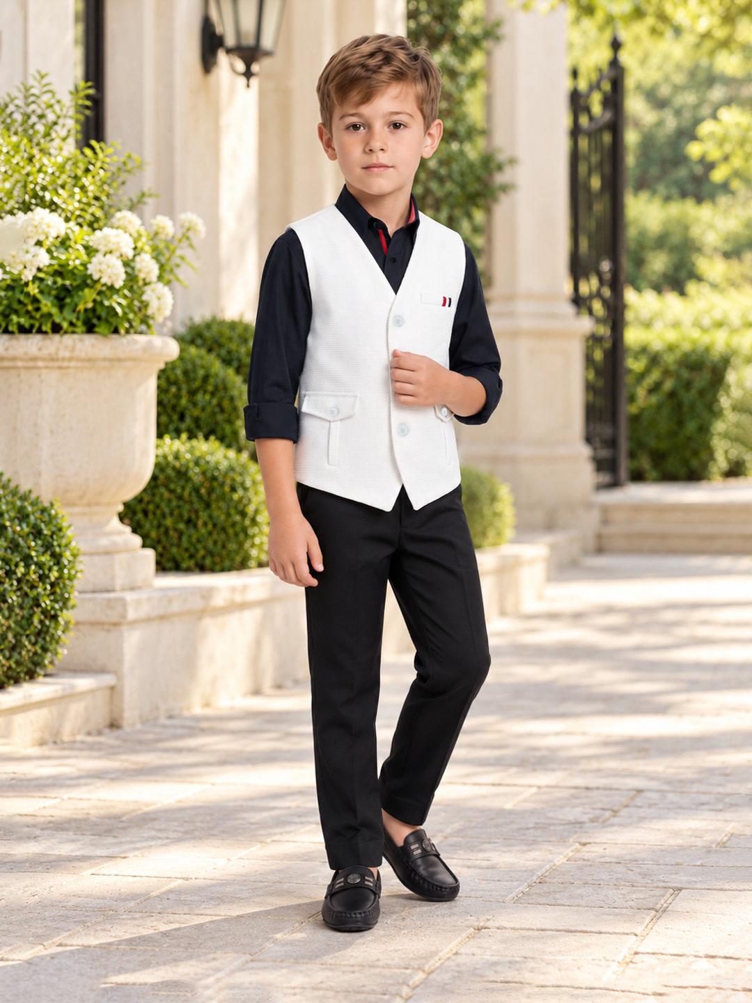 Blue Giraffe Boys White Solid Regular Fit Waistcoat 3 Piece Set