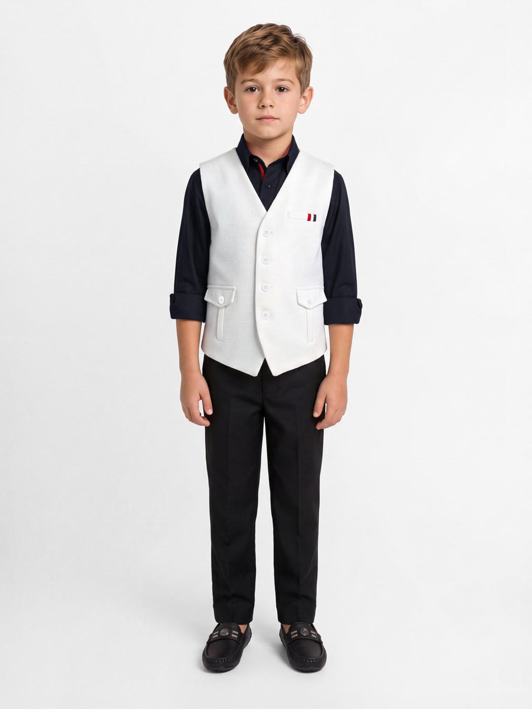 Blue Giraffe Boys White Solid Regular Fit Waistcoat 3 Piece Set