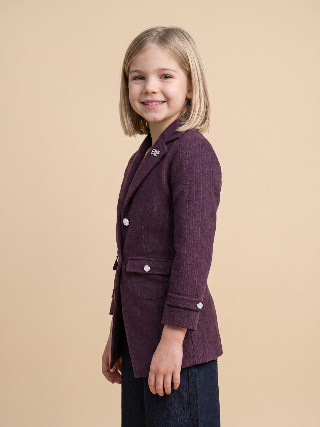 Elle Girls Wine Solid Regular Fit Cotton Overcoat