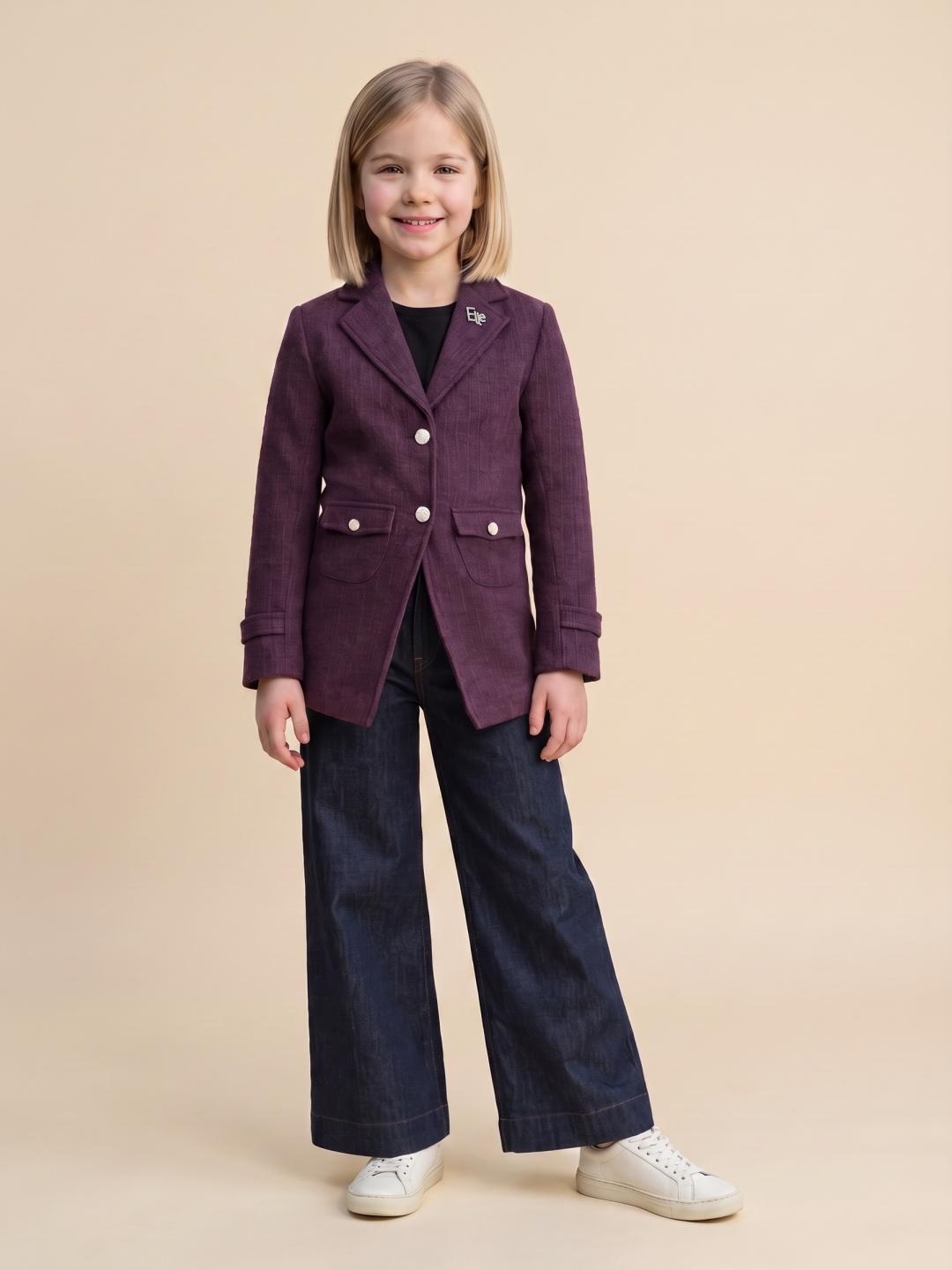 Elle Girls Wine Solid Regular Fit Cotton Overcoat