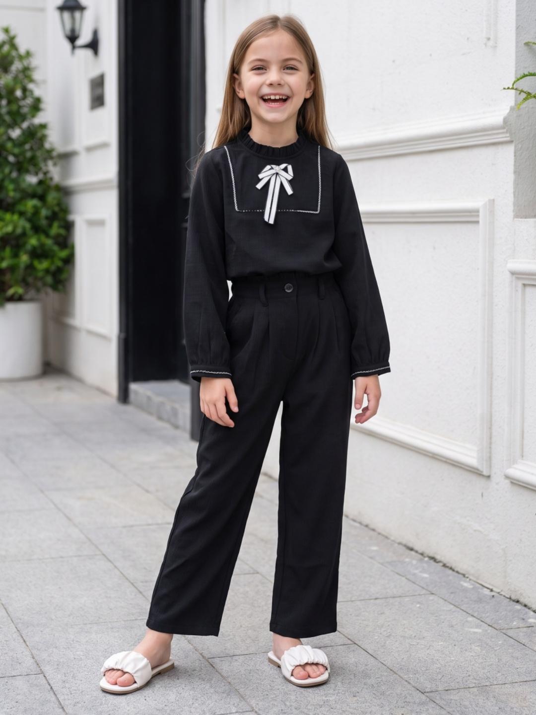 Elle Girls Black Regular Fit Solid Wide Leg Trouser