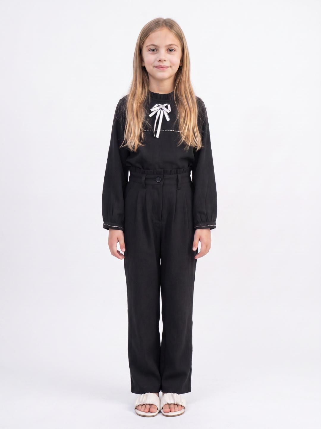 Elle Girls Black Regular Fit Solid Wide Leg Trouser